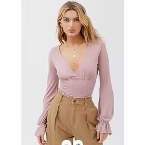 Urban Outfitters Taran Smocked Surplice Cropped Top Long Sleeve Sz S